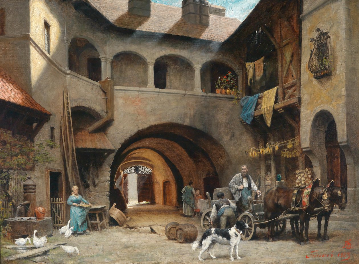 Alter Hof in Friesach mit Fuhrwerk av Alois Schonn