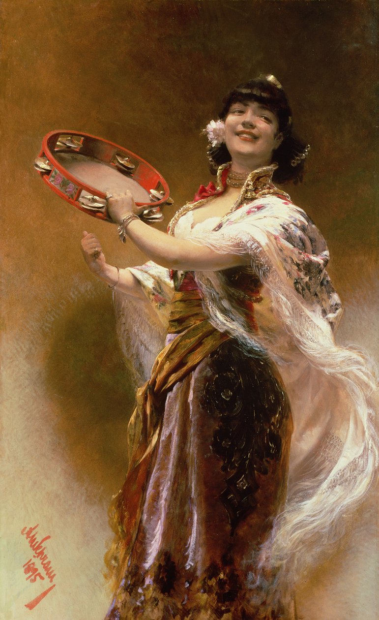 Gypsy Girl med en tamburin av Alois Hans Schram