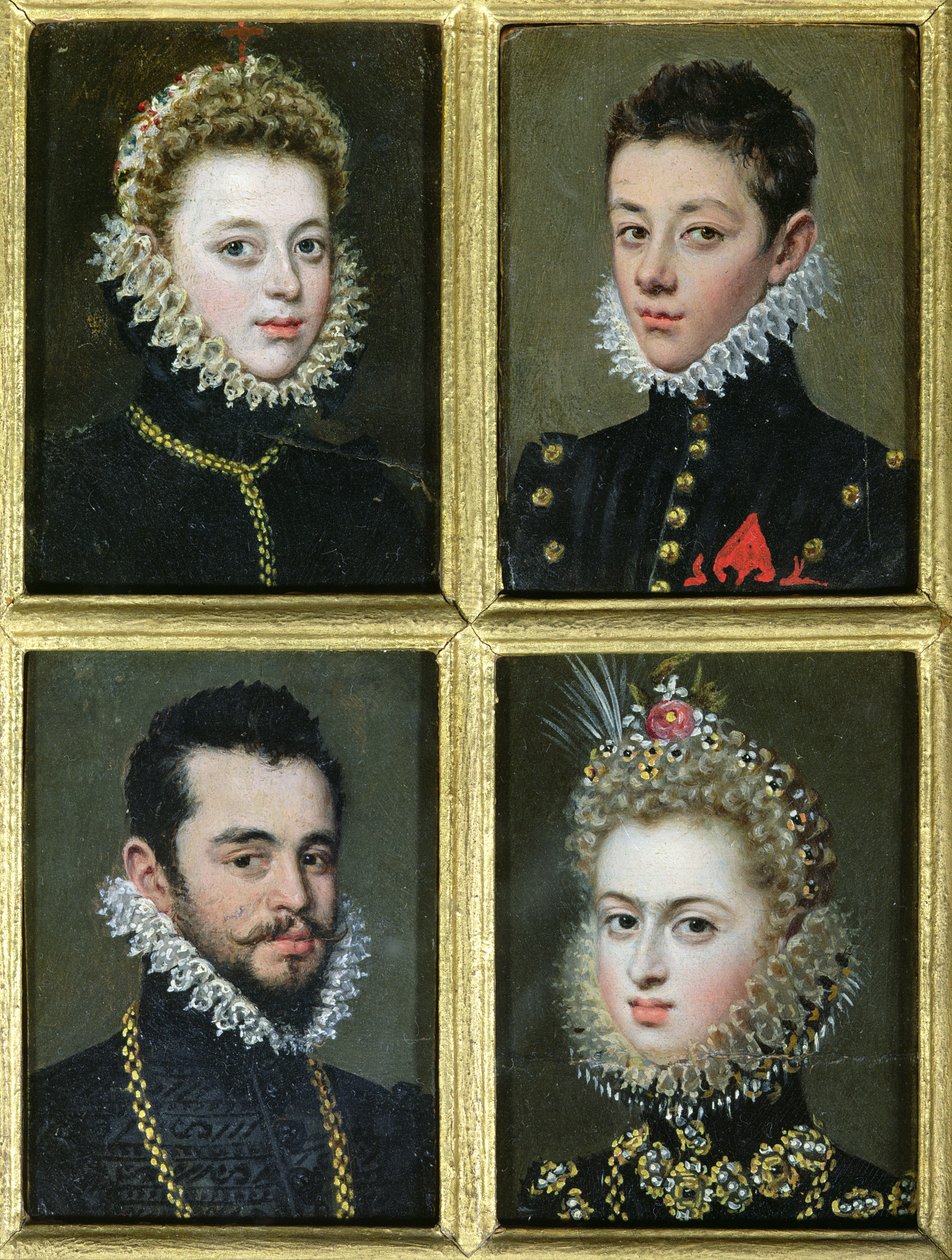Porträtt av två män och två kvinnor (olja på kort) av Alonso Sánchez Coello