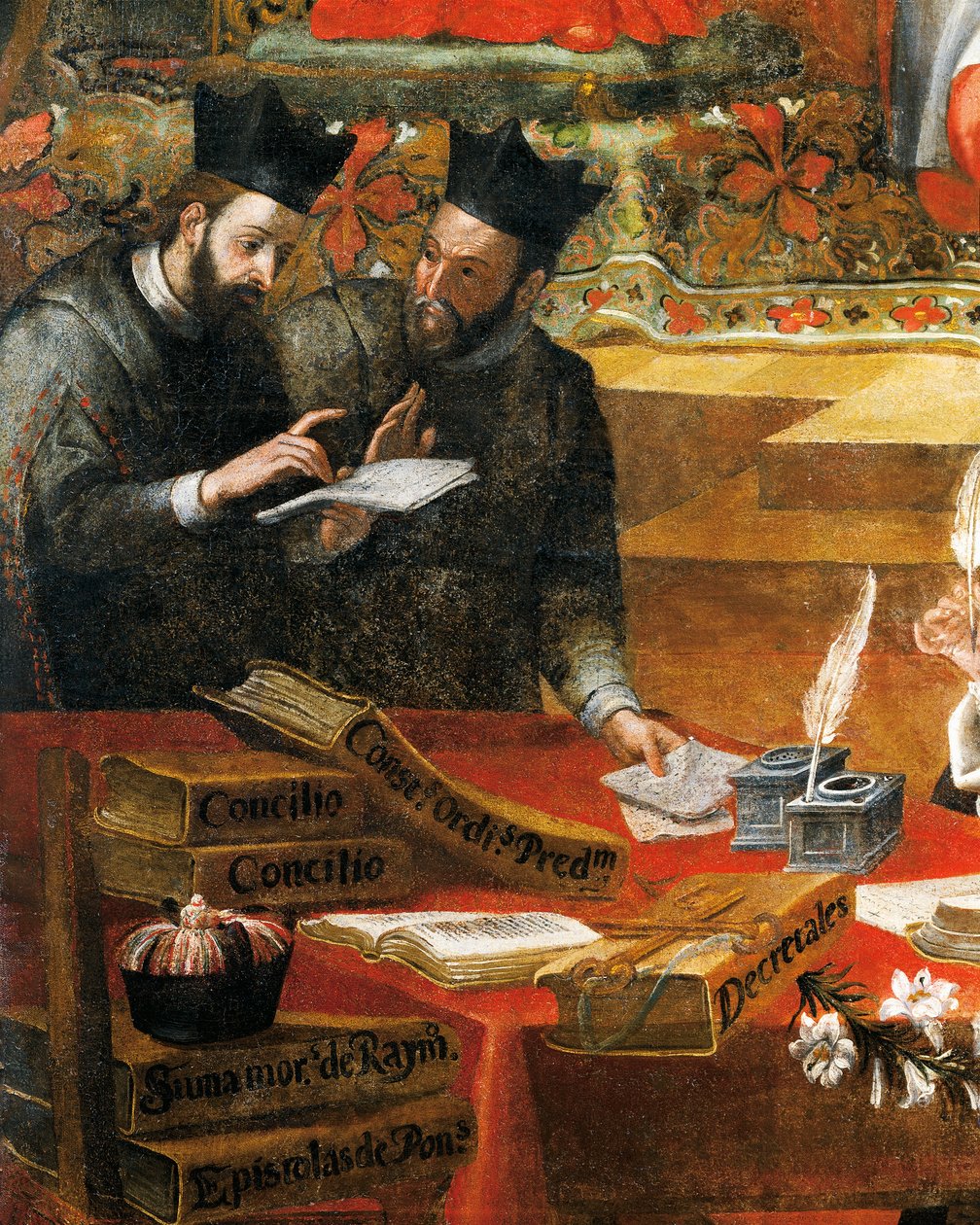 Diskussion mellan två jesuiter, detalj från den helige Raymond av Penafort, rådgivare till påven Gregorius IX, av Alonso Antonio Villamor (1661-1729). Från St Stevens kloster, Salamanca, Spanien. av Alonso Antonio Villamor