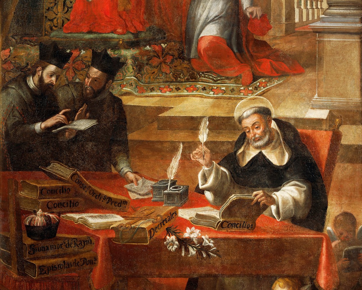 Två jesuiter pratar medan den helige Raymond skriver rådet, detalj från den helige Raymond av Penafort, rådgivare till påven Gregorius IX, av Alonso Antonio Villamor (1661-1729). Från klostret St Esteban, Salamanca, Spanien. av Alonso Antonio Villamor