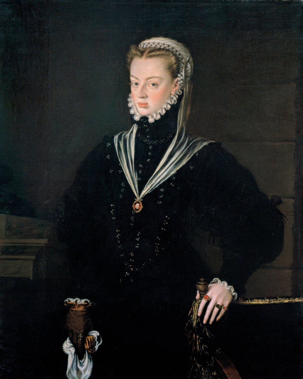 Porträtt av ärkehertiginnan Joanna av Österrike (1535-1573), prinsessan av Portugal - Målning av Alonso Sanchez Coello (1531-1588), olja på duk, ca 1557 (116x93,5 cm) - Porträtt av ärkehertiginnan Joanna av Österrike (15735-1535 ), prinsessan av Portugal,  av Alonso Sánchez Coello