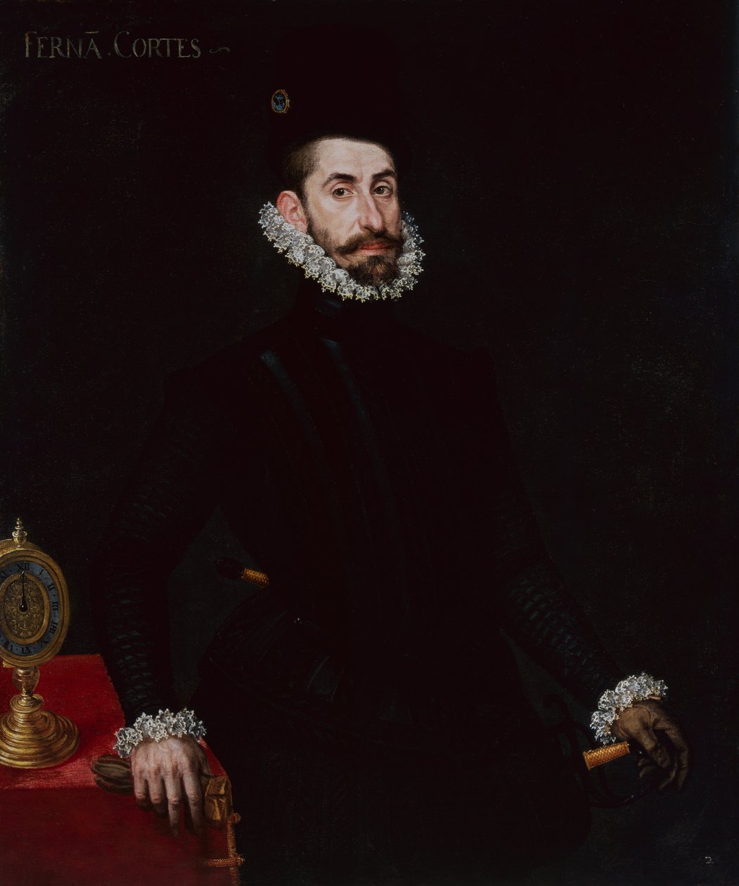 Porträtt av Hernan Cortes (olja på duk) av Alonso Sánchez Coello