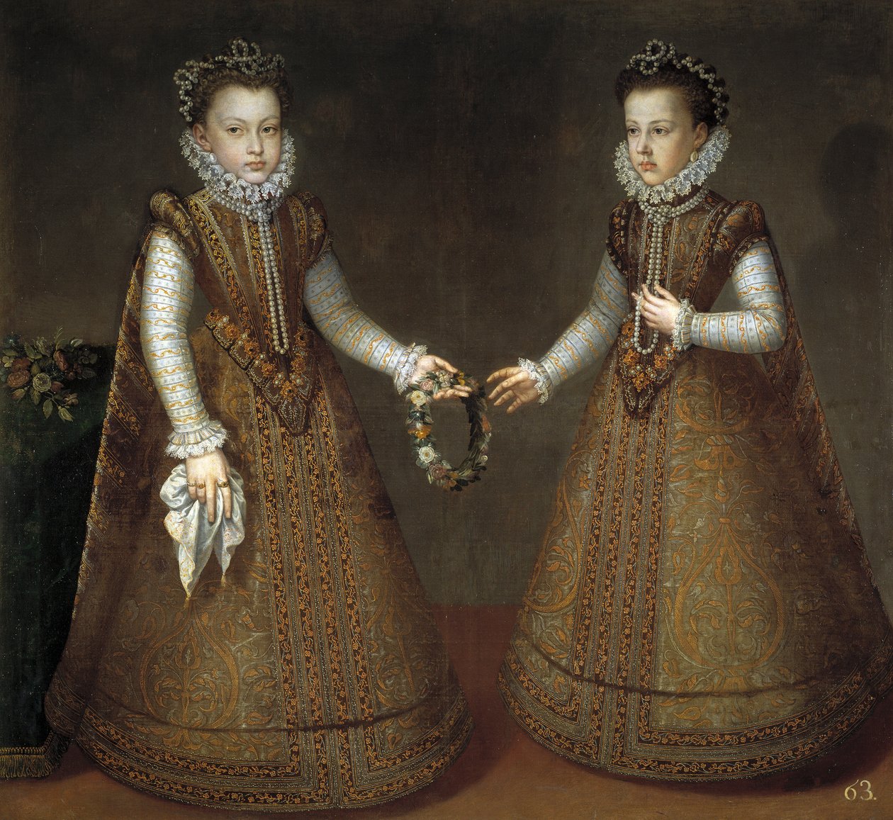 Infantas Isabel Clara Eugenia (Isabelle Claire Eugenie av Österrike) (1566-1633) och Catherine Michelle av Spanien (1567-1597) (Catherine Michelle av Österrike) av Sanchez Coello, Alonso (1531-1588), ca. 1575 - Olja på duk av Alonso Sánchez Coello
