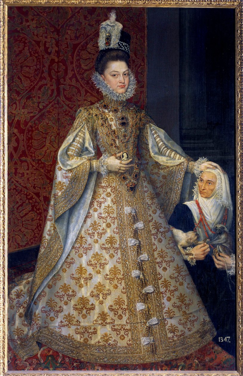 Porträtt vid foten av Spaniens spädbarn Isabelle Clara Eugenie av Habsburg, suverän av Nederländerna och Magdalena Ruiz Målning av Alonso Sanchez Coello (1531-1588) Sön. 1,29 X 2,07 m. 1585. Madrid. Musee du Prado - Fullängdsporträtt av spädbarnet av Alonso Sánchez Coello