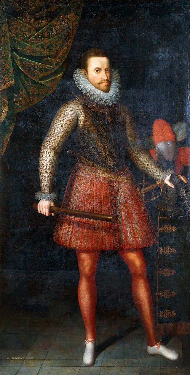 Porträtt av ärkehertigen Albert, stående i full längd med en batong, 1593 av Alonso Sánchez Coello