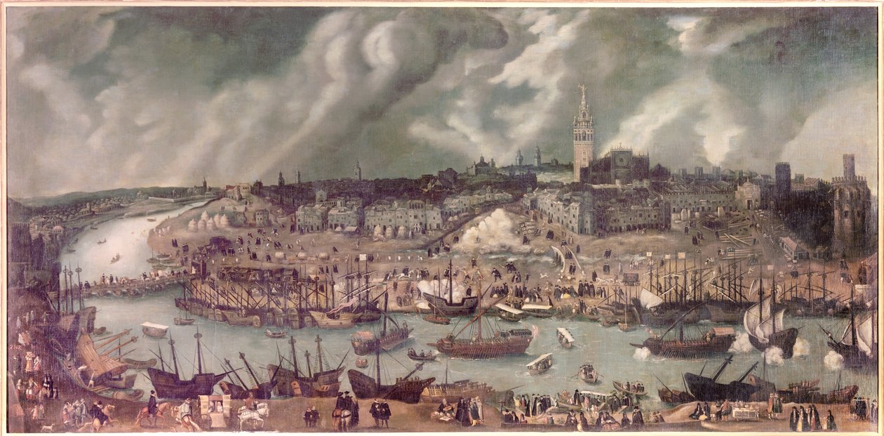 Utsikt över staden Sevilla (Spanien) Målning tillskriven Alonso Sanchez-Coello (Sanchez Coello) (cirka 1531-1588) Slutet av 1500-talet av Alonso Sánchez Coello