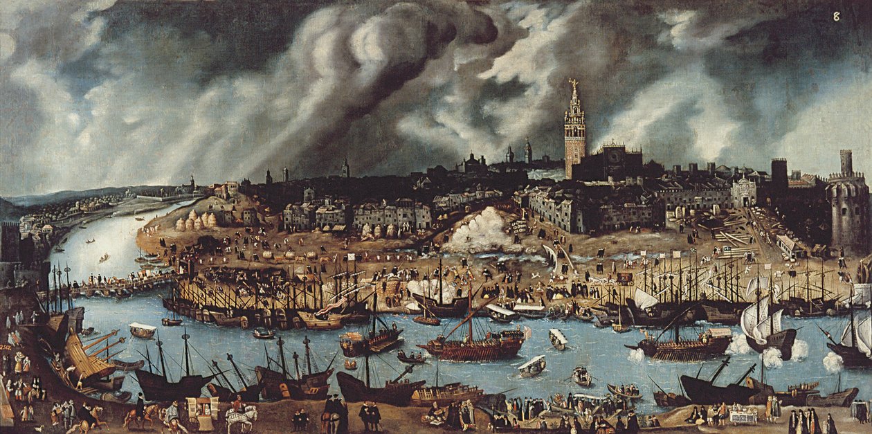 Hamnen i Sevilla, ca 1590 av Alonso attr. to Sanchez Coello