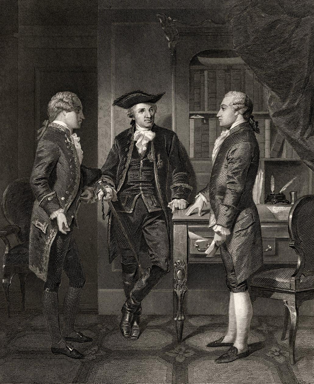 Baron de Kalb (mitten) presenterar Lafayette för Silas Dean, från "Life and Times of Washington", volym I, publicerad 1857 av Alonzo Chappel