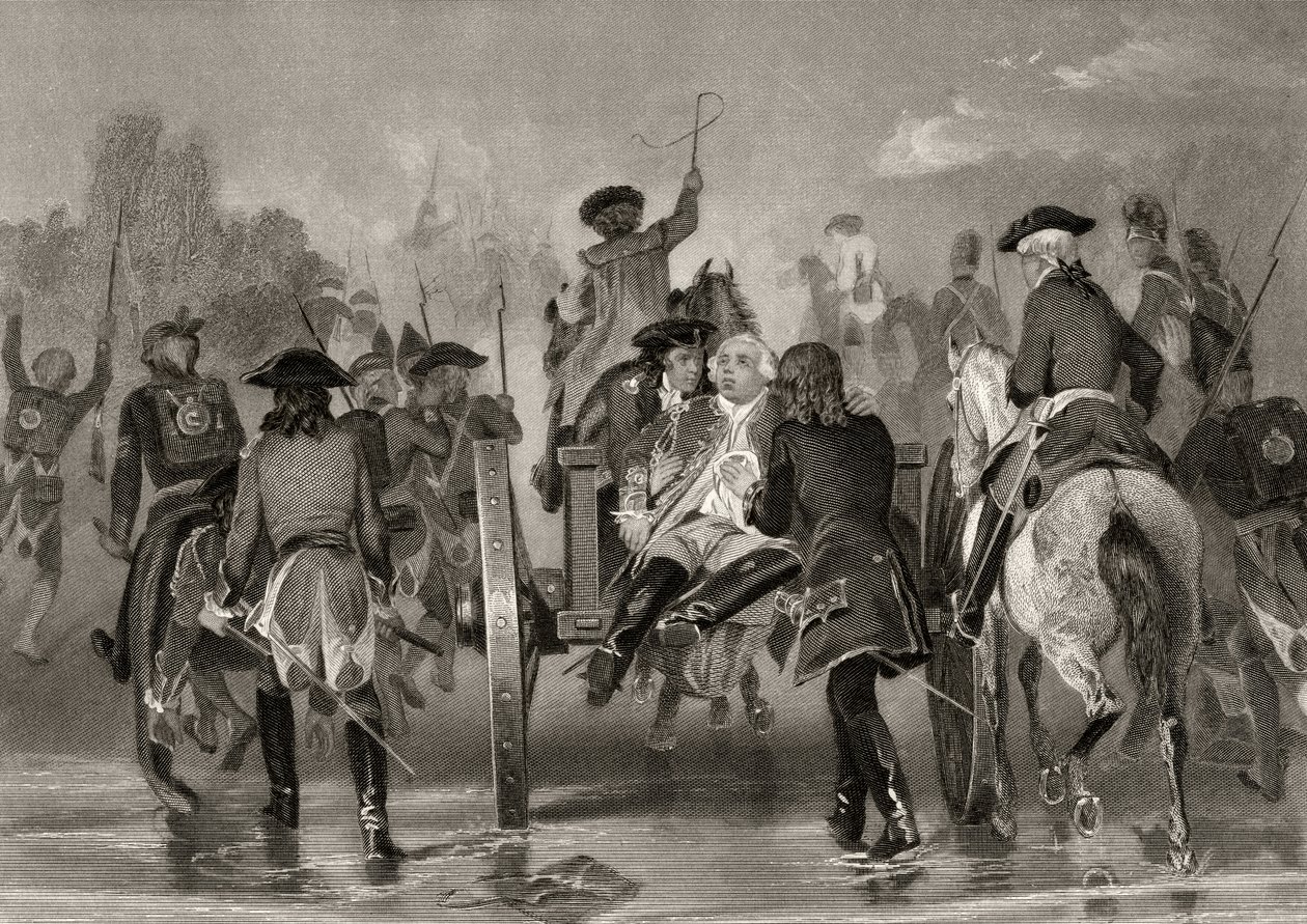 Den dödligt sårade general Edward Braddock retirerar från Monongahela-floden 1755 efter en attack från franska och indiska styrkor, från "Life and Times of Washington", volym I, publicerad 1857 (litho) av Alonzo Chappel