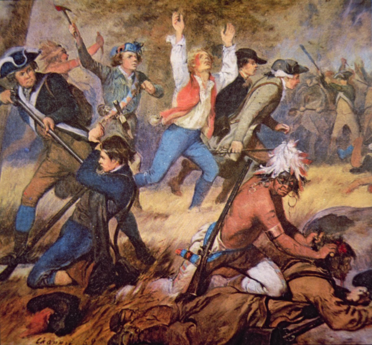 Massakern i Wyoming Valley i juli 1778 (färg litho) (detalj) av Alonzo (after) Chappel