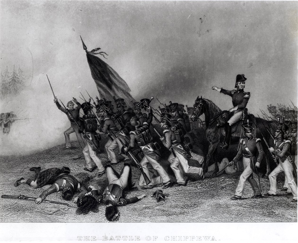 Slaget vid Chippewa, general Scott beordrar laddningen av McNeils bataljon, 5 juli 1814, graverad av Johnson, Fry und Co. (gravyr) (bundw foto) av Alonzo Chappel