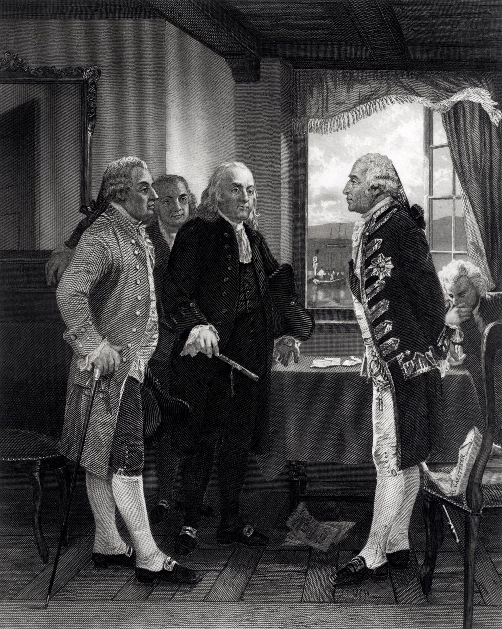 Fredskonferensen på Staten Island, intervju mellan Lord Howe och kongresskommittén, 11 september 1776 av Alonzo Chappel