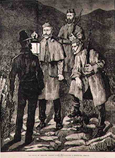 The State of Ireland: Polispatrull utmanar en misstänkt person, från The Illustrated London News, 8 juni 1881 av Aloysius C. OKelly
