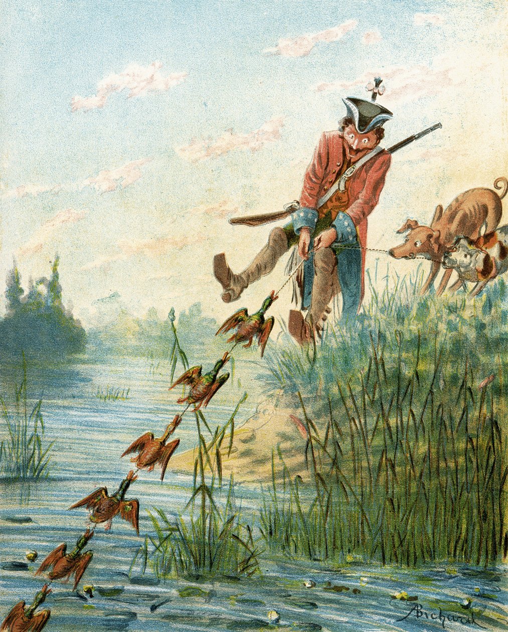 Baron Münchhausen fångar ankor med baconfett, från "Baron Münchhausens äventyr" av Rudolf Erich Raspe (1736-94), publicerad omkring 1886. av Alphonse Adolphe Bichard