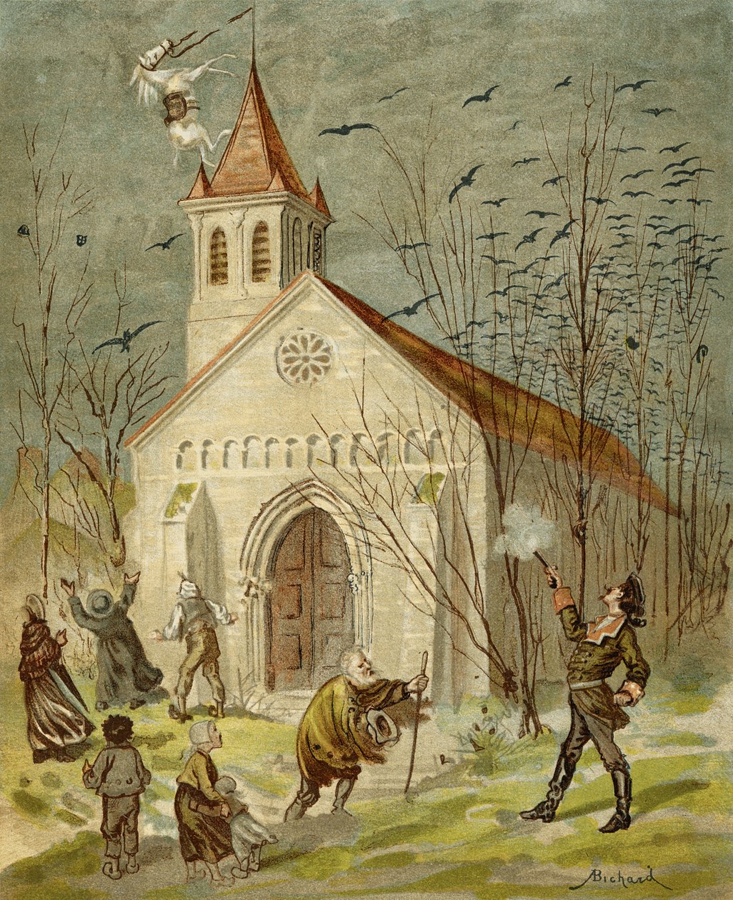 Baronen bevisar att han är en bra skytt, ur "Baron Münchhausens äventyr" av Rudolf Erich Raspe (1736-94), publicerad omkring 1886. av Alphonse Adolphe Bichard