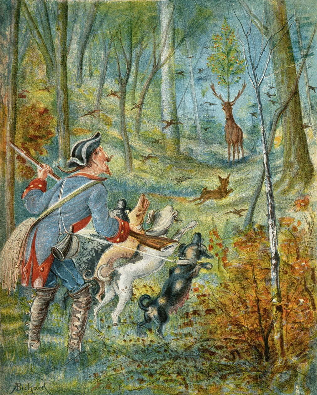 Effekterna av att skjuta en hjort med körsbärsstenar, från "The Adventures of Baron Munchausen" av Rudolf Erich Raspe (1736-94) publicerad ca 1886 av Alphonse Adolphe Bichard