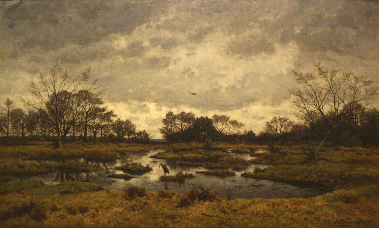 Un jour de mars a la mare aux fees. Fontainebleau 1876 - Maartse dag aan de feeenplas av Alphonse Asselbergs