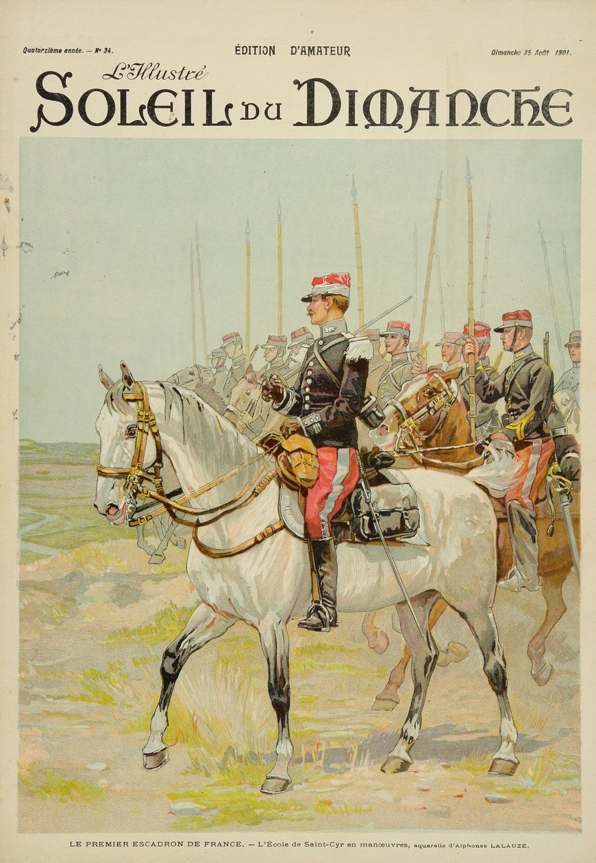 Frankrikes första skvadron, Saint-Cyr skolmanövrar, illustration från omslaget till "Soleil du Dimanche" 25 augusti 1901 av Alphonse Lalauze