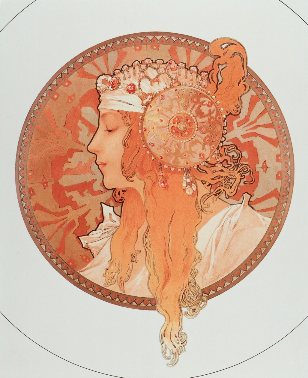 Blonde litografiserie "" byzantinske hoveder"" af Alphonse Mucha (1860-1939), 1897 - "" Blonde" Fra en serie af litografier kaldet "" byzantinske hoveder"" af Alphonse Mucha, 1897 Diam 50 cm Privat samling av Alphonse Mucha