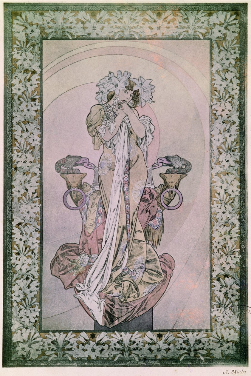 Dekorativ panel för Edmond Rostands La Princesse Lointaine med Sarah Bernhardt (1844-1923), 1890-1910 (litografi) av Alphonse Mucha