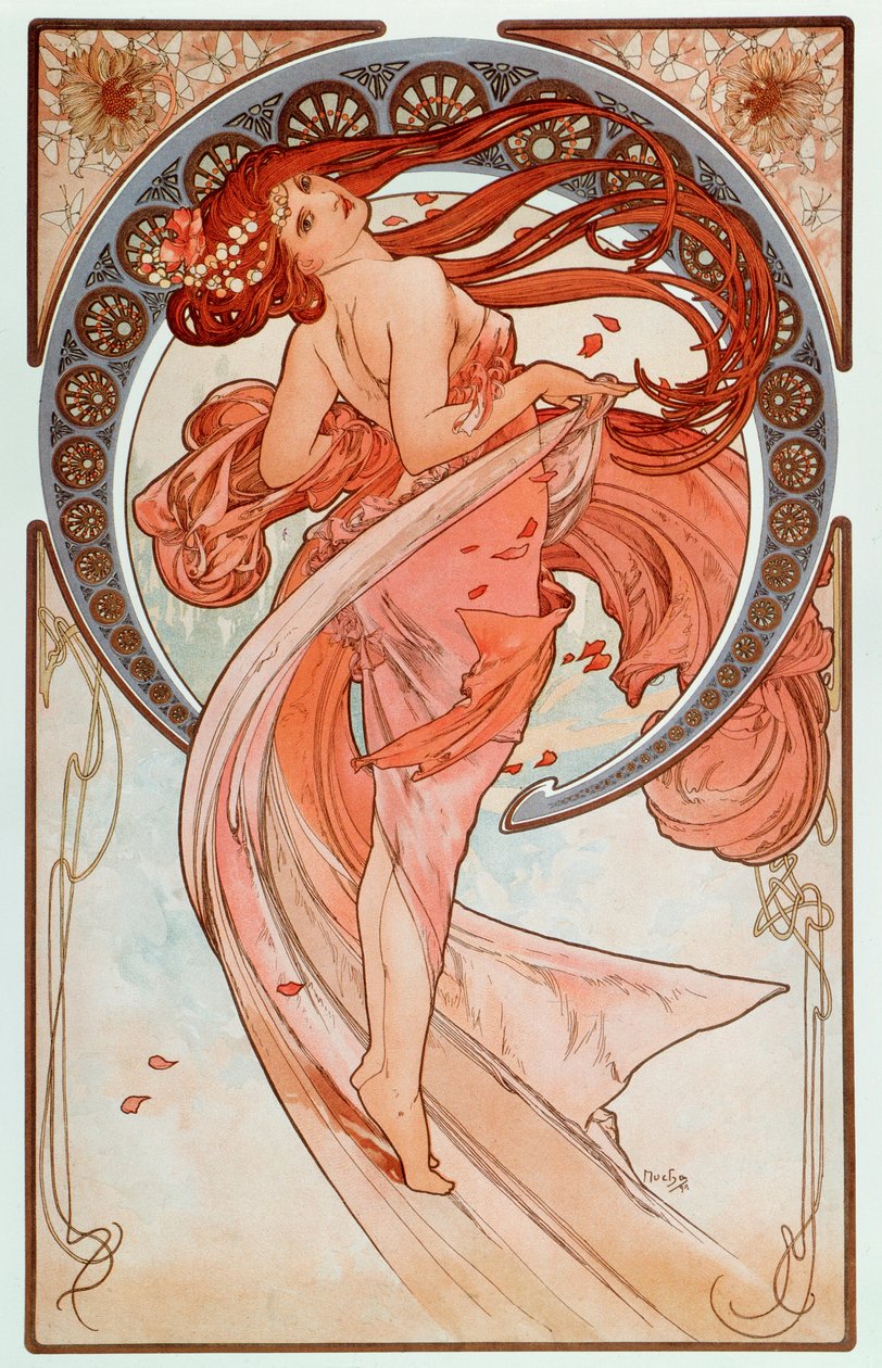 La danse Lithographs-serien af Alphonse Mucha (1860-1939), 1898 - "" Dansen"" Fra en serie af litografier af Alphonse Mucha, 1898 Dim 38x60 cm Private collectionswed av Alphonse Mucha