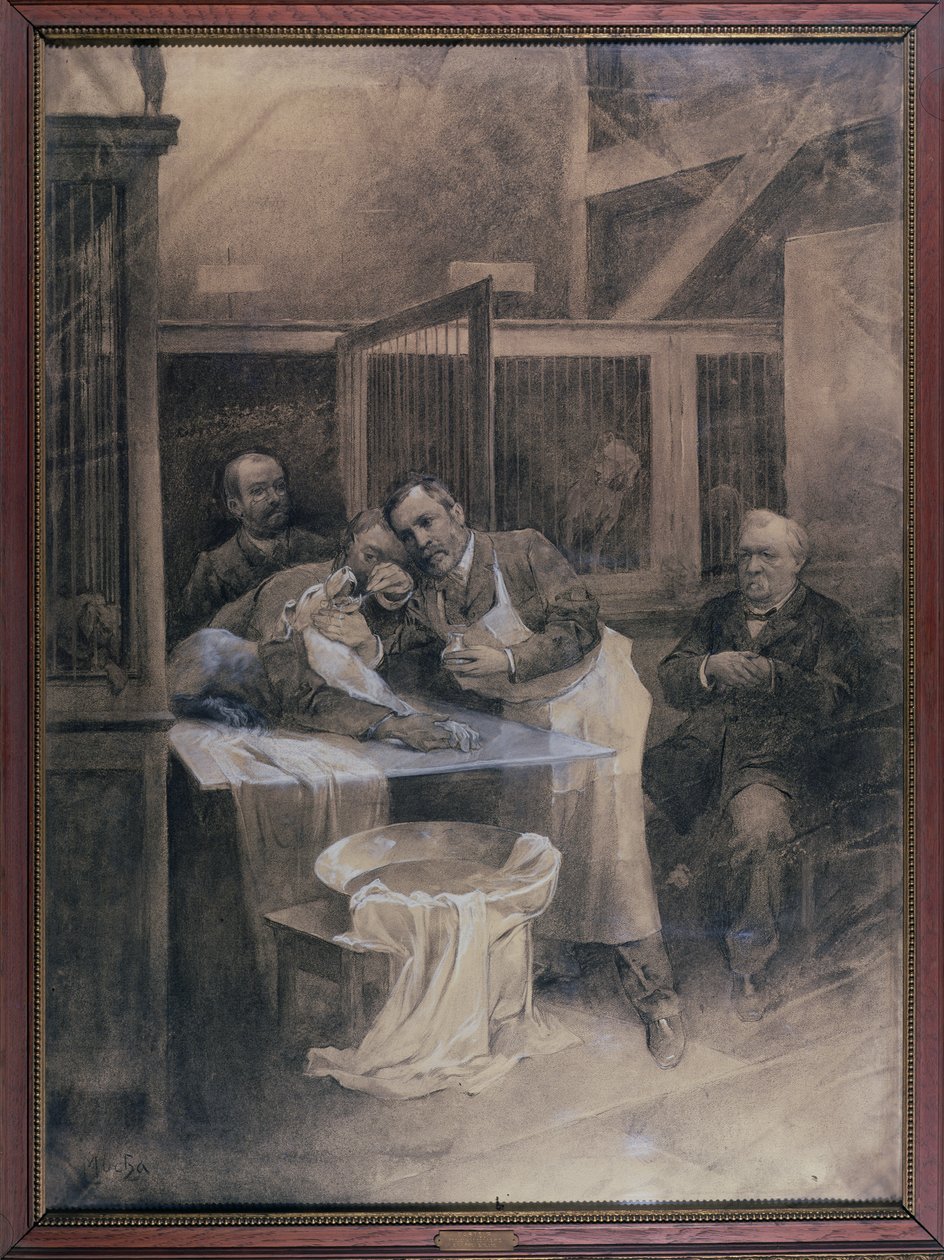 Louis Pasteur (1822-95) tar ett prov av skum från en rabiat hund (kol) av Alphonse Mucha