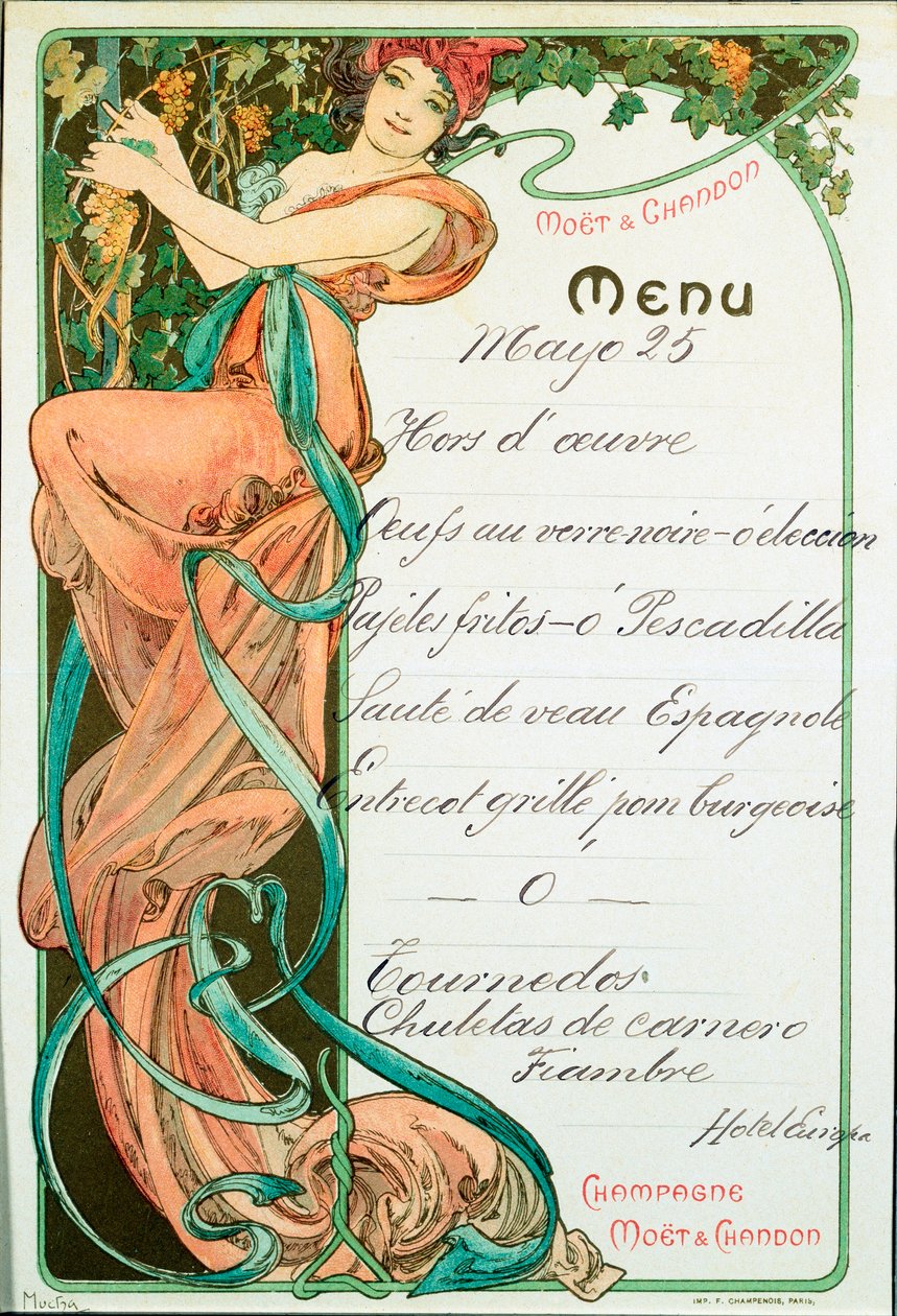 Meny tryckt av Champagne Moet och Chandon för en fransk specialitet. Illustration av Alphonse Mucha (1860-1939) Dim. 22x15 cm Milano, privat samling av Alphonse Mucha