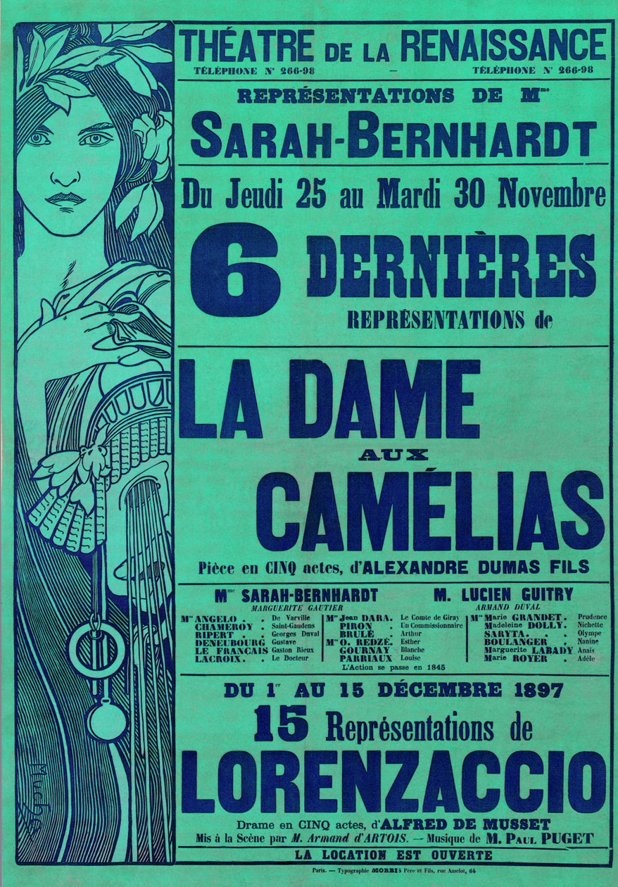 Affischreklam för La Dame aux Camelias av Alexandre Dumas och Lorenzaccio av Alfred de Musset, med Sarah Bernhardt i huvudrollen, Theatre du Renaissance, Paris, 1897 av Alphonse Mucha