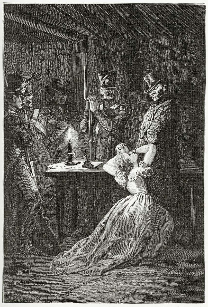 Illustration från Les Misérables, 1800-talet (gravyr i svartvitt) av Alphonse Marie de Neuville