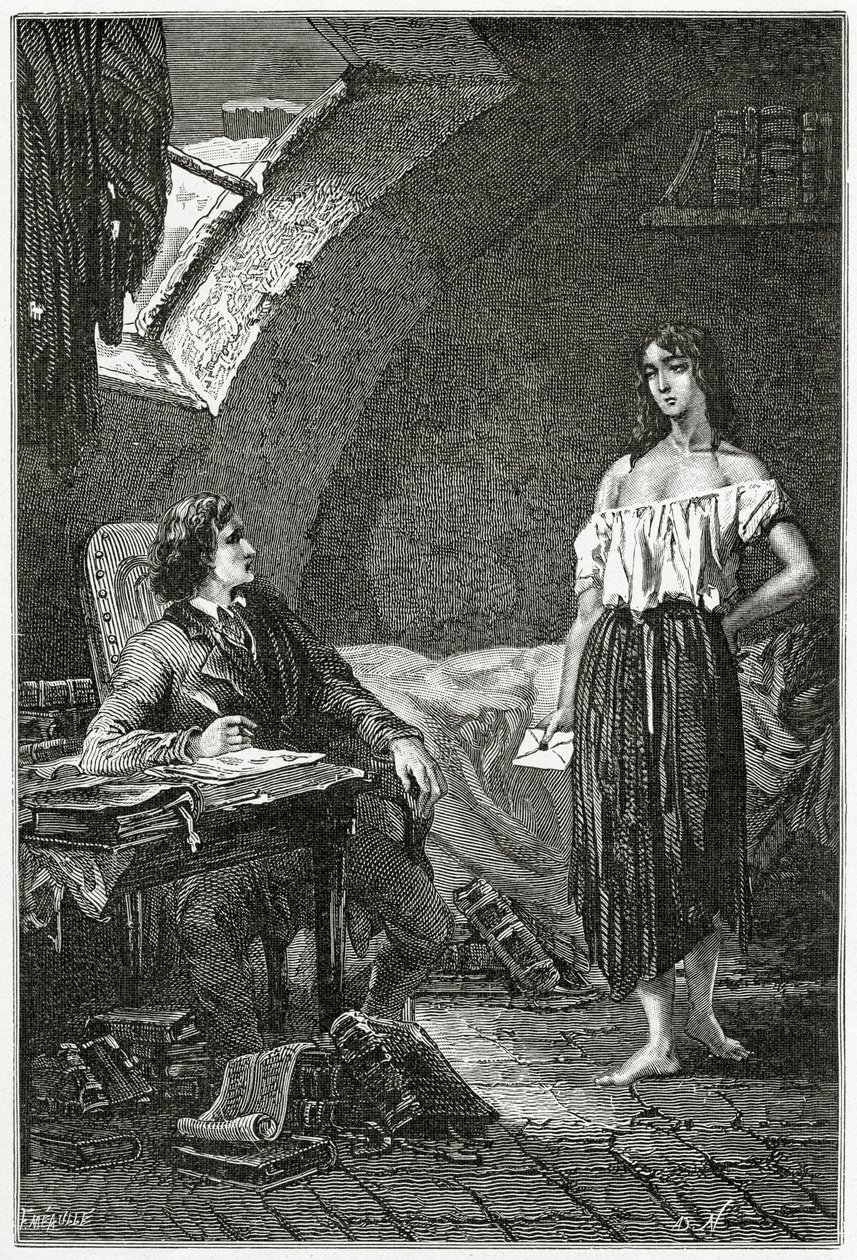Illustration från Les Misérables, 1800-talet (bw gravyr) av Alphonse Marie de Neuville