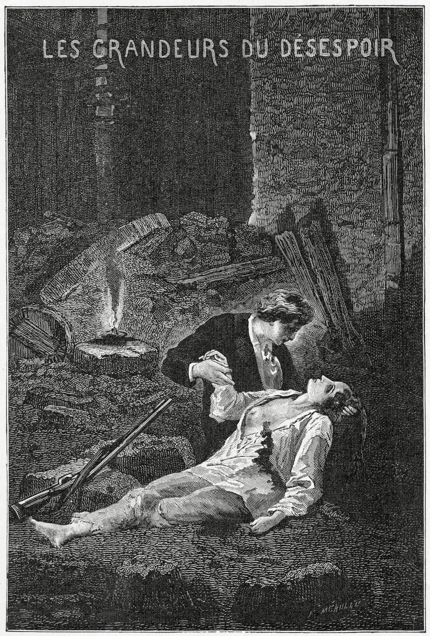 Les Grandeurs du Desespoir - Illustration från Les Misérables, 1800-talet (bw gravyr) av Alphonse Marie de Neuville
