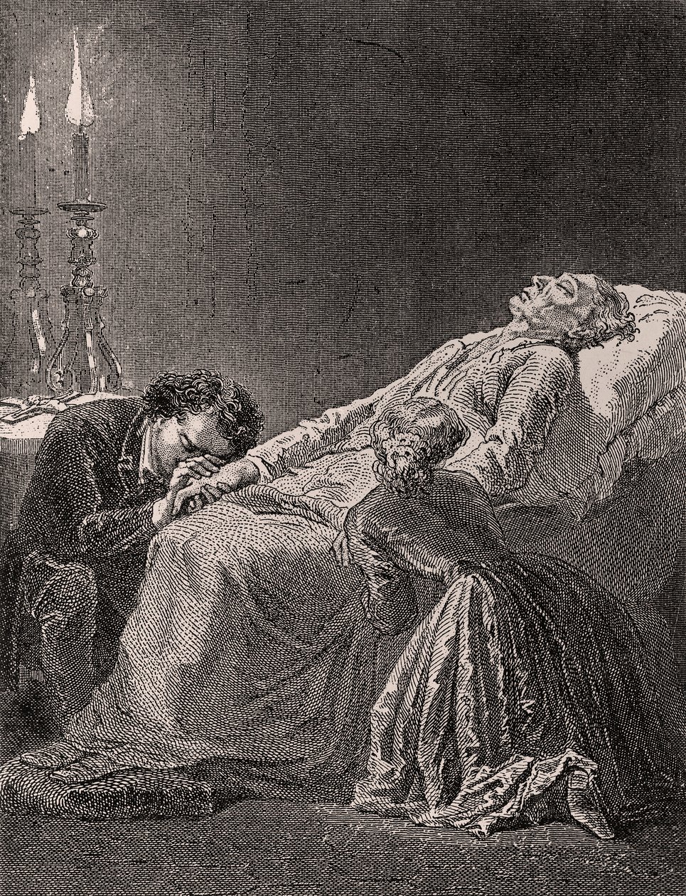 Jean Valjeans död mellan Cosette och Marius - illustration från Les Misérables, 1800-talet (gravyr i svartvitt) av Alphonse Marie de Neuville