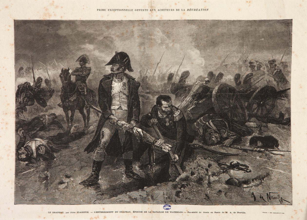 Flaggans begravning, episod från slaget vid Waterloo, graverad av Jules Claretie, 1879 av Alphonse Marie de Neuville
