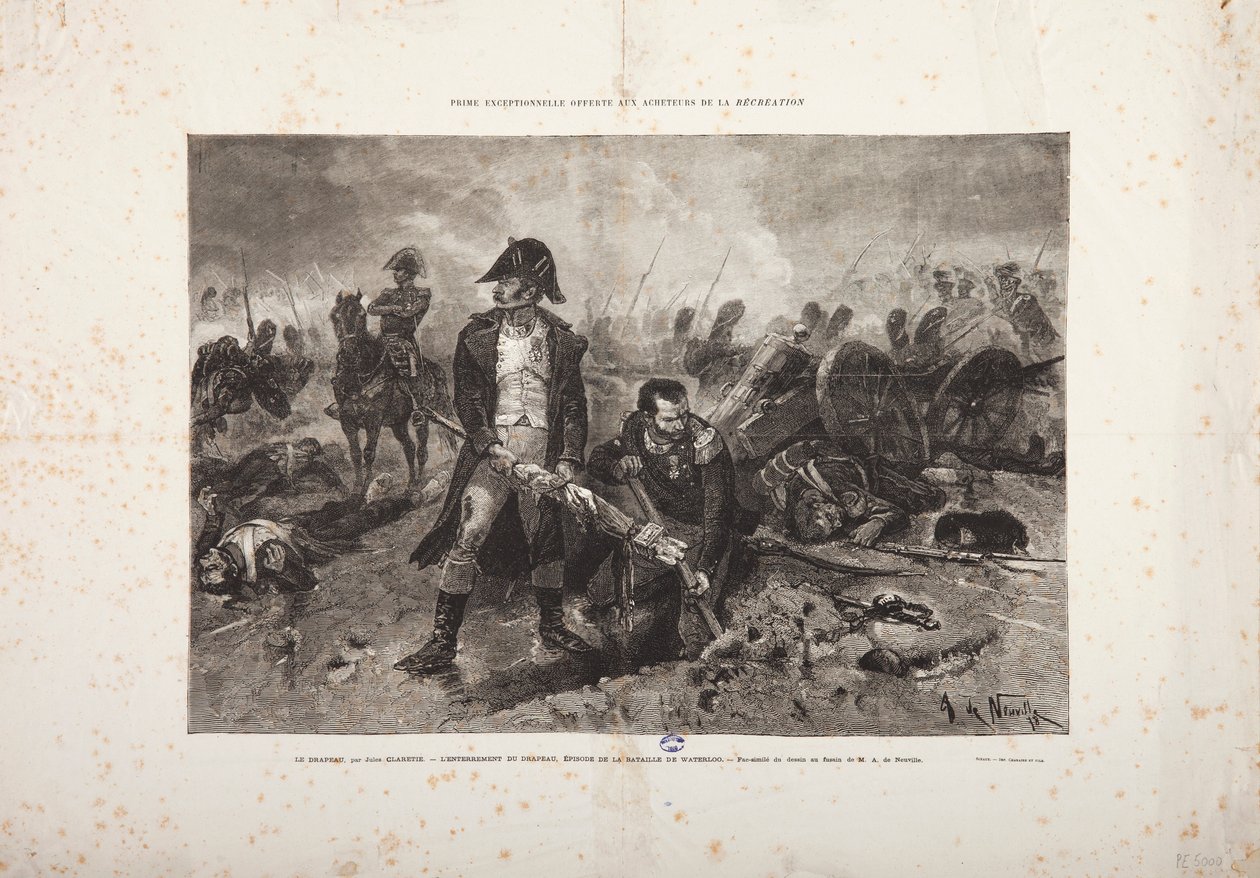 Flaggans begravning, episod från slaget vid Waterloo, graverad av Jules Claretie av Alphonse Marie de Neuville