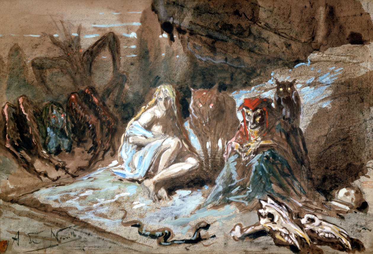 Häxor och vargar, illustration till The Damnation of Faust av Berlioz (wc på papper) av Alphonse Marie de Neuville