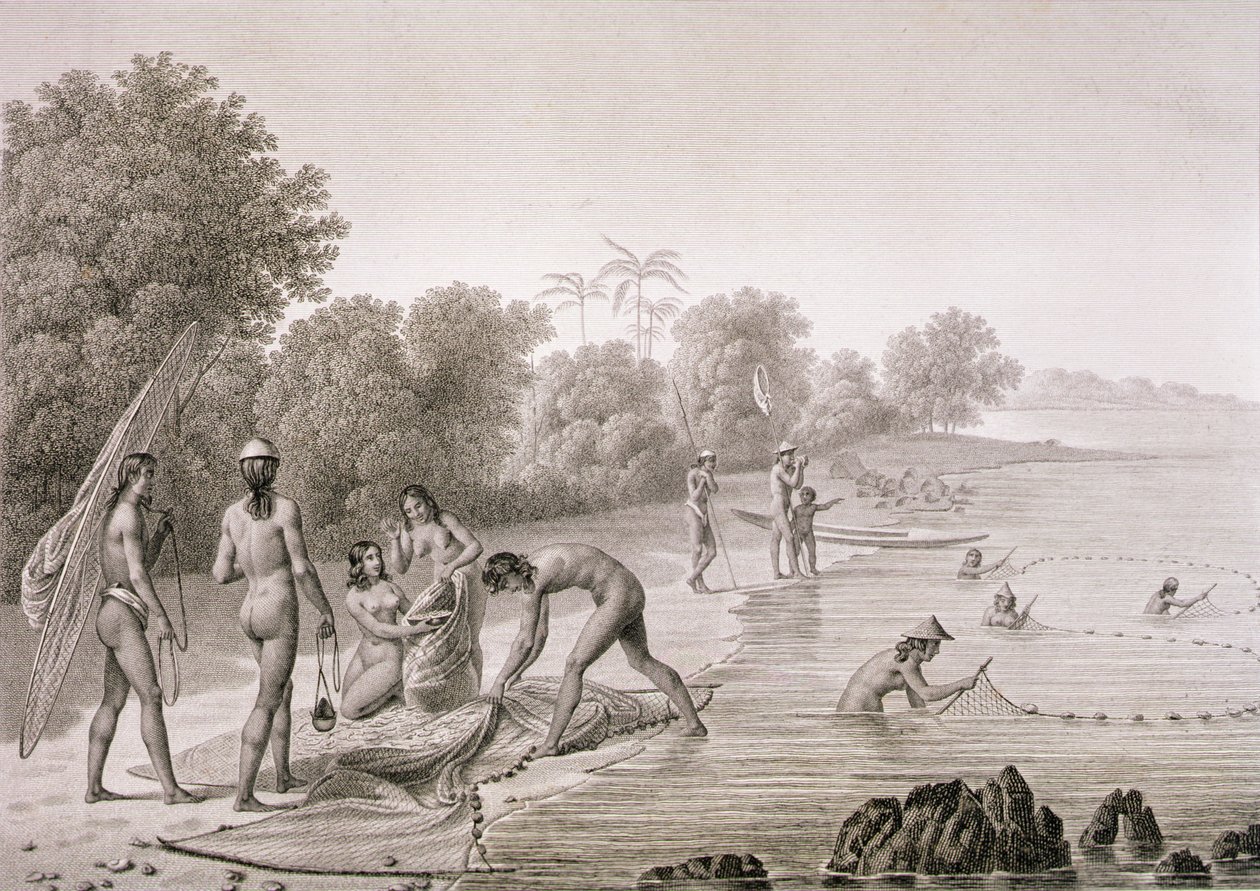 Traditionella fiskemetoder som används av infödingarna på Mariannaöarna, från "Voyage Autour du Monde (1817-20)", av Louis Claude Desaulses de Freycinet (1779-1842) graverad av Bovinet, publicerad 1822-24 (litho) av Alphonse (after) Pellion