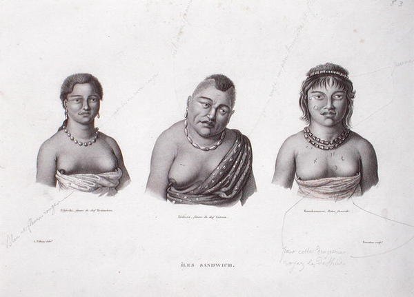 Wives of the Hawaiian Chiefs from the Sandwich Islands, c.1824 (gravyr) av Alphonse (after) Pellion