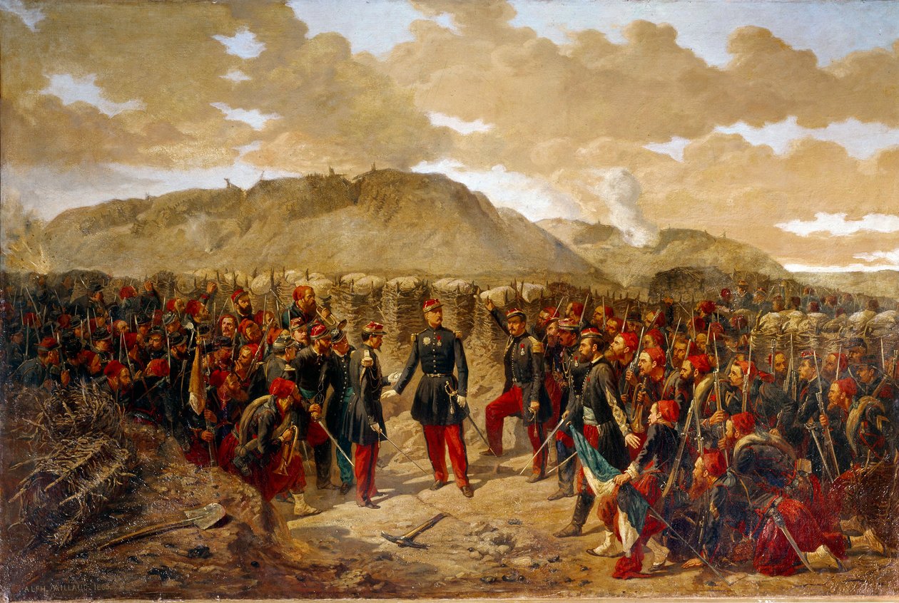 Krimkriget (1853-1856): "" Mac-Mahon and the First Zouaves to Malakoff, 8/09/1855"" General Mac Mahon (1808-1898) gav sina sista instruktioner till överste Collineaus första zouave innan fångsten av Malakoff Redoubt. Målning av Alphonse Aill av Alphonse Antoine Aillaud