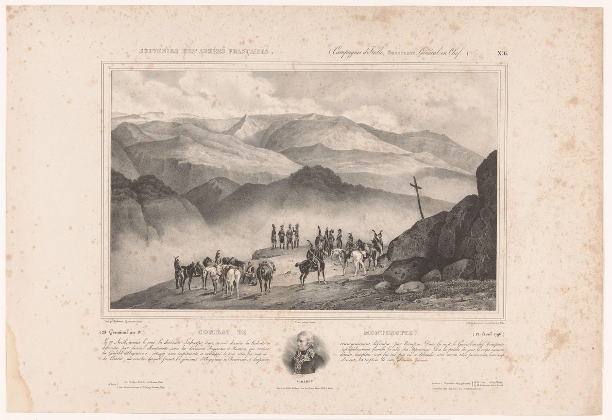 Soldater på kvällen före slaget vid Montenotte och porträtt av Amédée Emmanuel François Laharpe Combat de Montenotte (12 april 1796) (titel på objekt) Memories of the French Army (serietitel) Souvenirs des armées françaises (Camagnes d