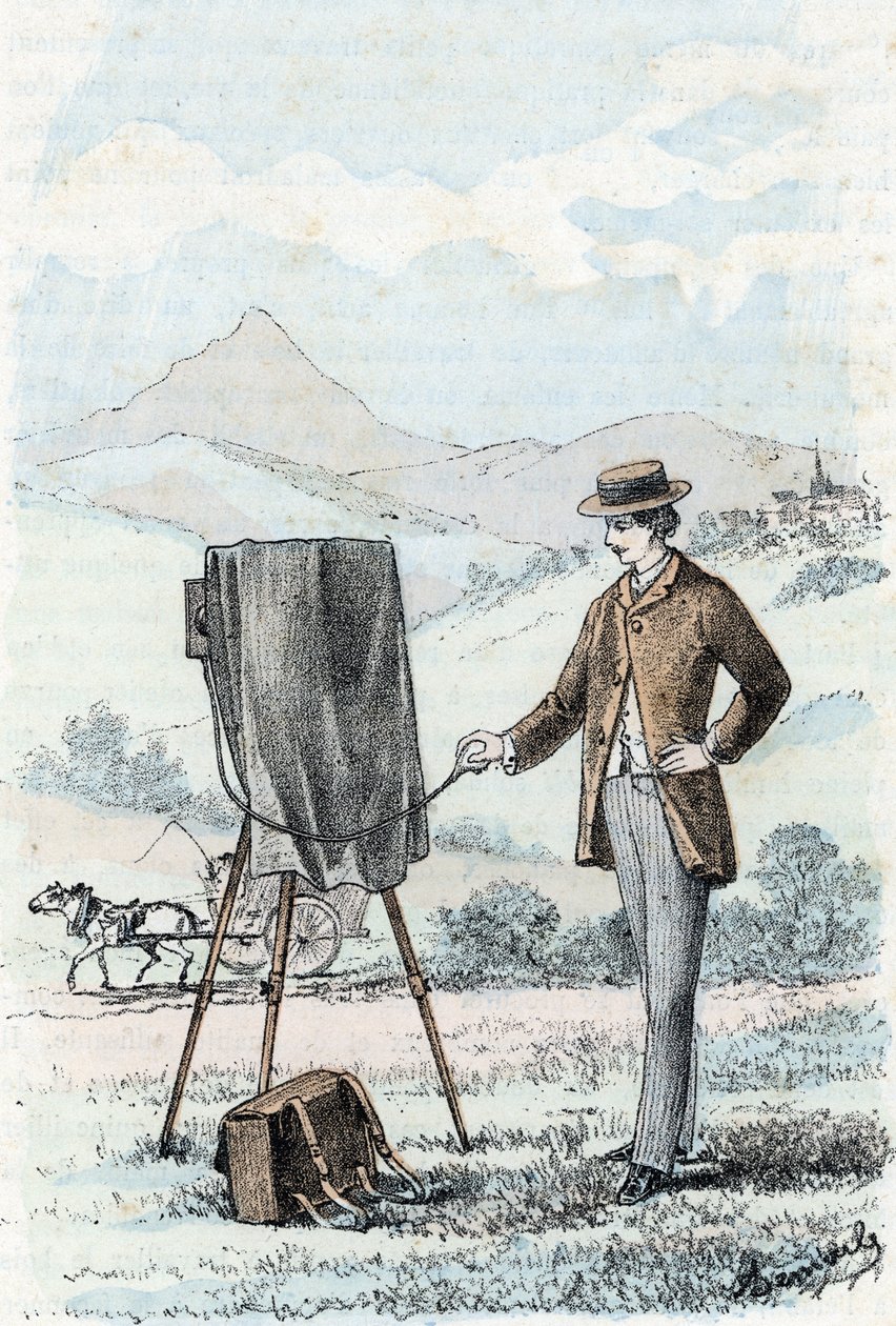 Högsamhällets och borgarklassens hobby: utövandet av fotografi hos amatör (amatörfotograf) Gravyr från "The Needs of Life"" av Rengade av Alphonse Demarle