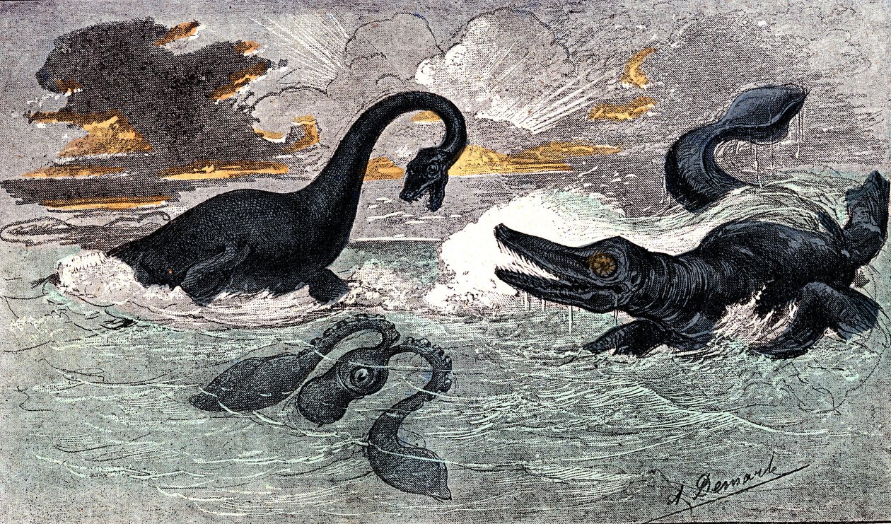 Lias Period (Nedre Jurassic): Plesiosaur och Ichthyosaur, naturlig skapelse och levande varelser (av Jules Renegade) Teckning av A. Demarle. 1885 av Alphonse Demarle