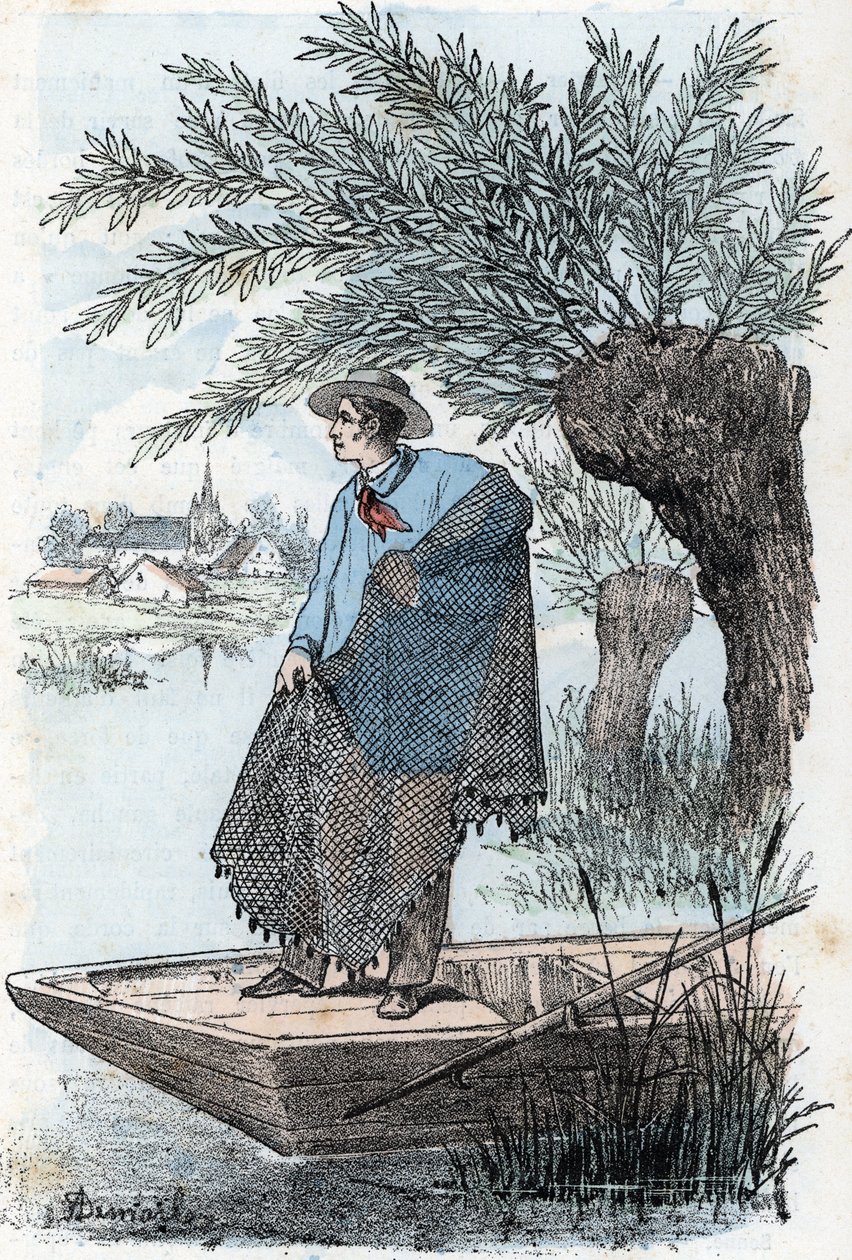 Nätfiske Gravyr från "The Needs of Life" av Rengade av Alphonse Demarle