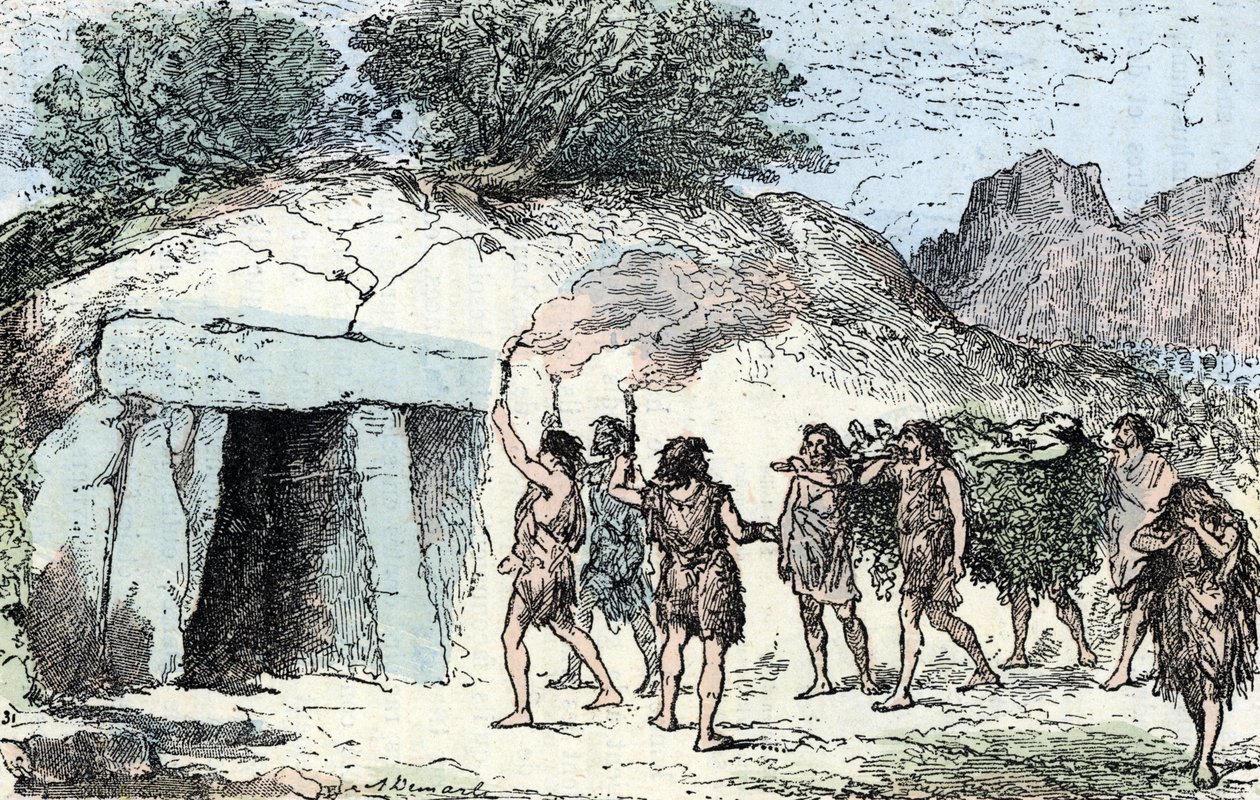 Förhistoria, neolitikum; ceremoni funebre (Förhistoria, neolitik: begravningsceremoni) Gravyr från "" Nature and Man"" av Renegade 1881 Privat samling av Alphonse Demarle