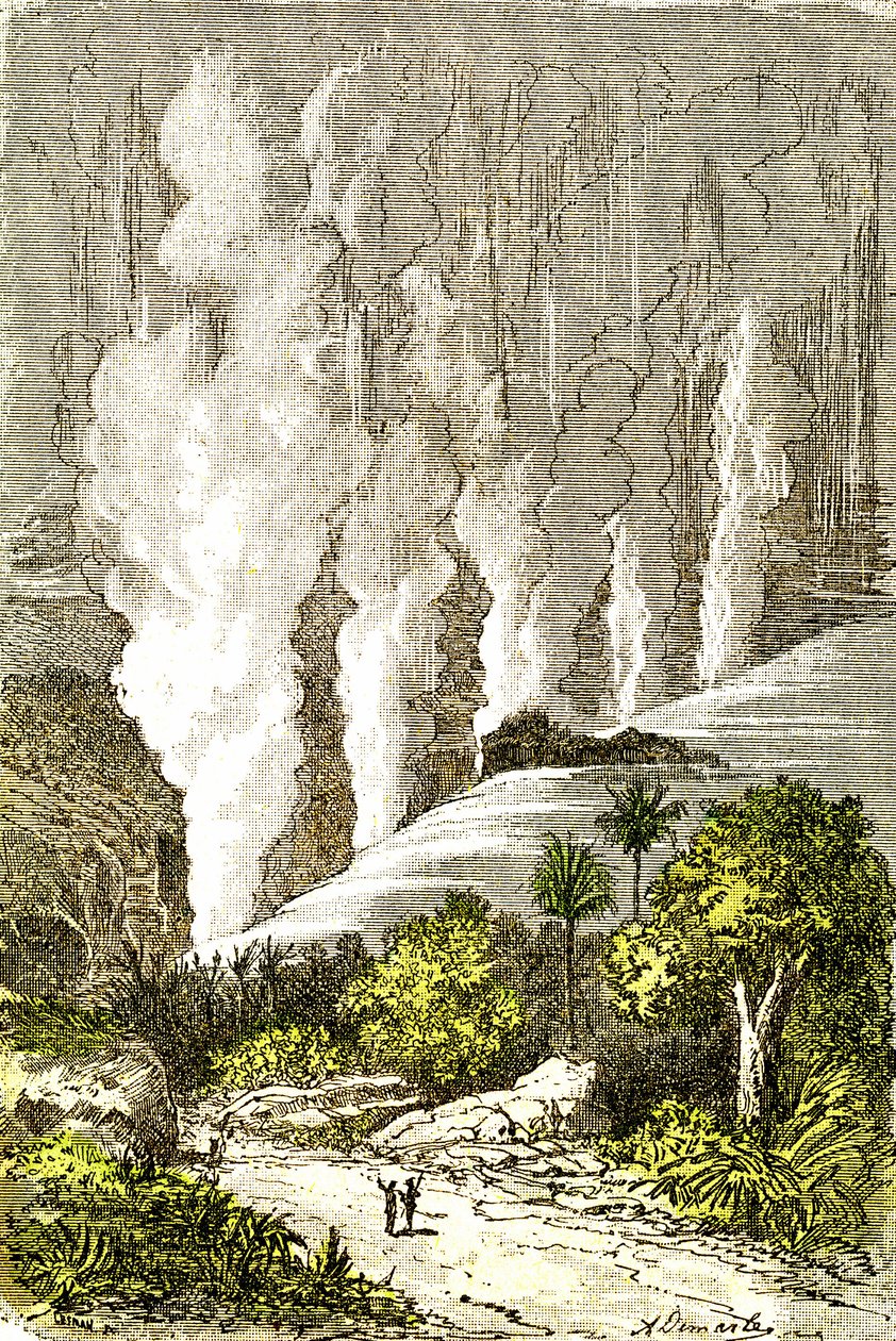 Förhistoria- Cataracts of Zambeze: Naturlig skapelse och levande varelser. Teckning av A. Demarle. 1885 av Alphonse Demarle