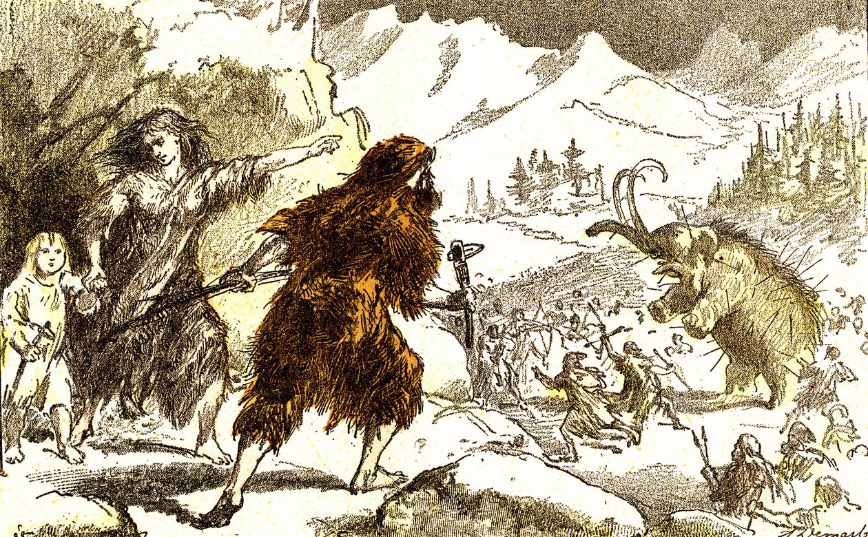 Förhistoria-mammutjakt. Isperiod: Naturligt skapande och levande varelser. Teckning av A. Demarle. 1885 av Alphonse Demarle