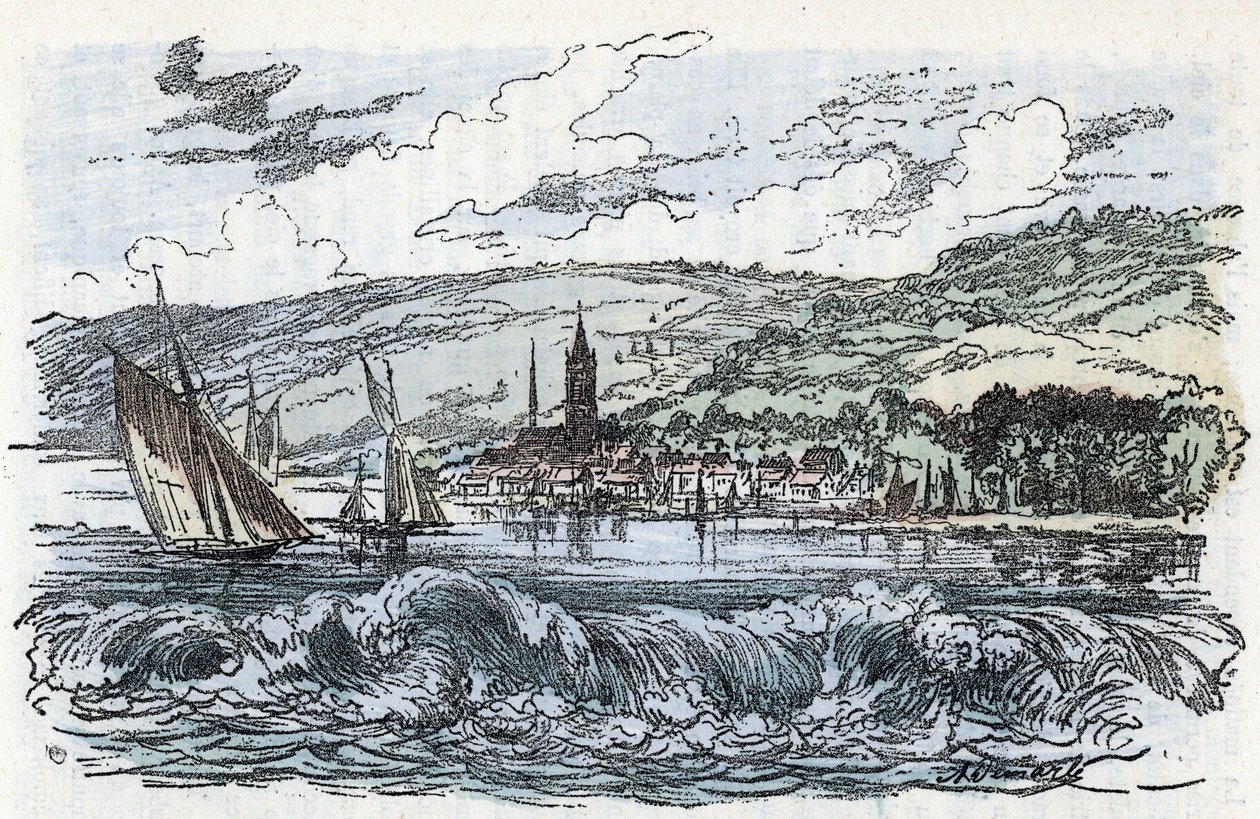 Vy över Seines tidvattenlopp till Caudebec-en-Caux (Caudebec en Caux) i Seine Maritime, Normandie (tidvattenloppet i Seine-floden a Caudebec en Caux, Normandie) Gravyr från "" La nature et l