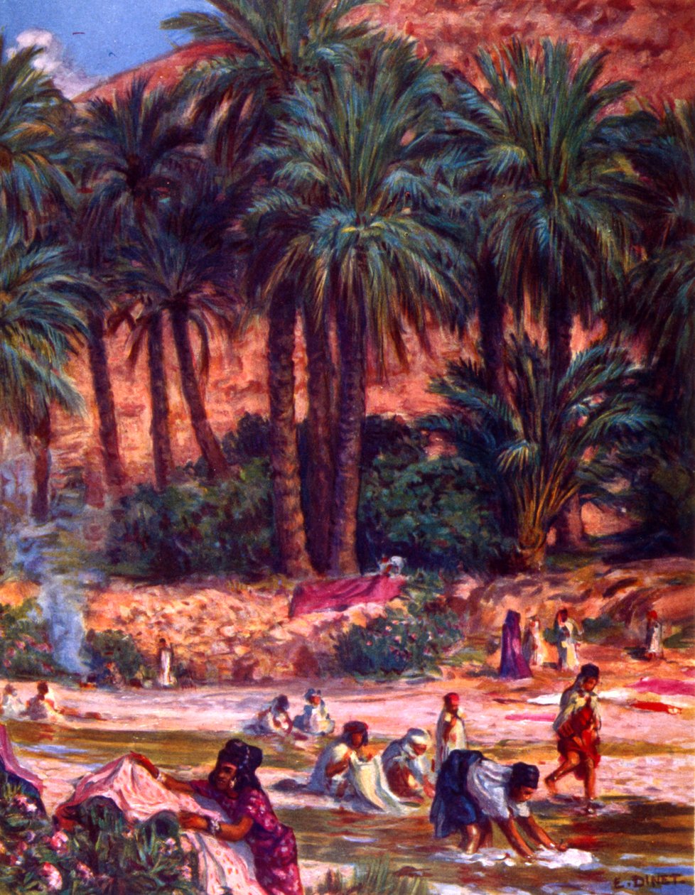Grupp arabiska nomadkvinnor som tvättar kläder på en oas i öknen. av Nasreddine Dinet (Alphonse-Étienne Dinet). 1861 1929. fransk orientalistisk målare 1918 av Alphonse Etienne Dinet