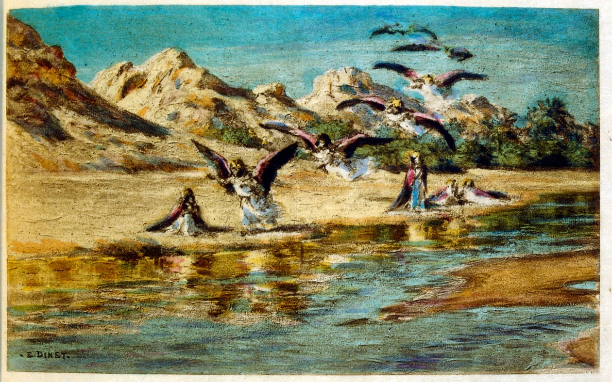 Illustration av Dinet ur "Mirages" Scener ur det arabiska livet. 1906. Mirages, Scenes De La Vie Arab illustrerades av Etienne Dinet och kommenterades av Silman Ben Ibrahim Bamer. Nasreddine Dinet föddes som Alphonse-Etienne Dinet; (1861-1929) var en frans av Alphonse Etienne Dinet