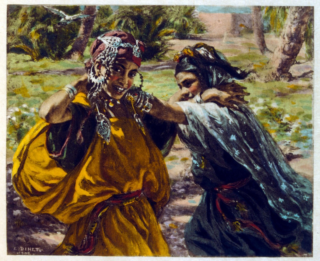 Illustration av Dinet från "Mirages" Scener av det arabiska livet. 1906. Mirages, Scénes De La Vie Arab illustrerades av Etienne Dinet med kommentarer av Silman Ben Ibrahim Bamer. Nasreddine Dinet föddes som Alphonse-Étienne Dinet; (1861-1929) var en frans av Alphonse Etienne Dinet